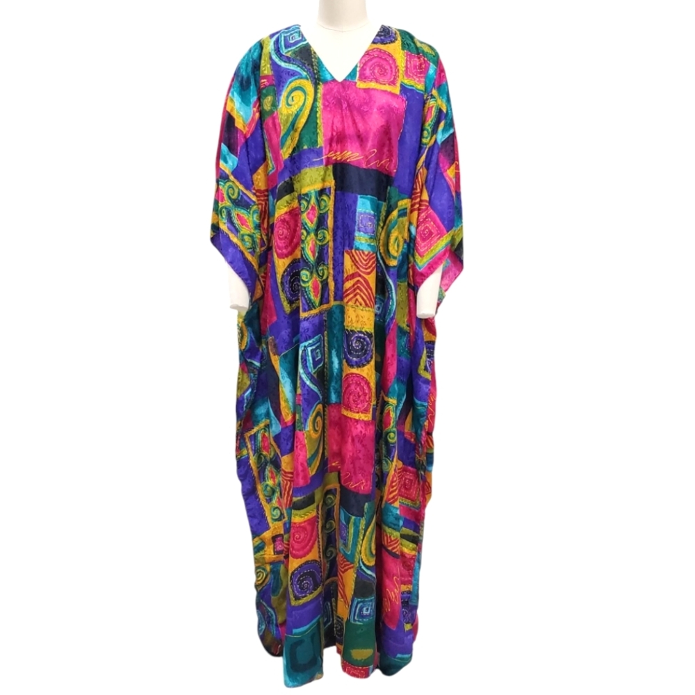 Details dress women's one size robe multicolor satiny jacquard print V-neck